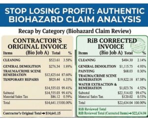 A comparison of an original $14,641 contractor biohazard invoice versus a $22,634 RiB corrected Xactimate recap showing a 54% revenue increase.