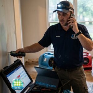 A restoration contractor answering a phone call and checking a schedule while surrounded by air movers and scrubbers on a water damage job site.